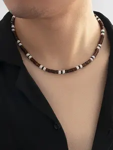 Boho Style Men's Necklace, Soft Clay Beads & Wood Bead Design, Preppy Acrylic Chain Jewelry for All Seasons, Unique Gift Idea, Choking Hazard Free