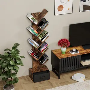 Tree Bookshelf – 9 Tier Tall Bookcase with Drawer, Vintage Wooden Shelf for Bedroom Living Room, Space-Saving Corner Storage Organizer for Books CDs Decor, Home Office Apartment Furniture, Rustic Tree Shaped Bookcase for Small Spaces