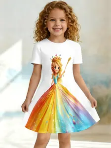 Girls Summer Rainbow Princess Print Dress, Kids Dreamy Scepter Crew Neck Short Sleeve A-Line Dress