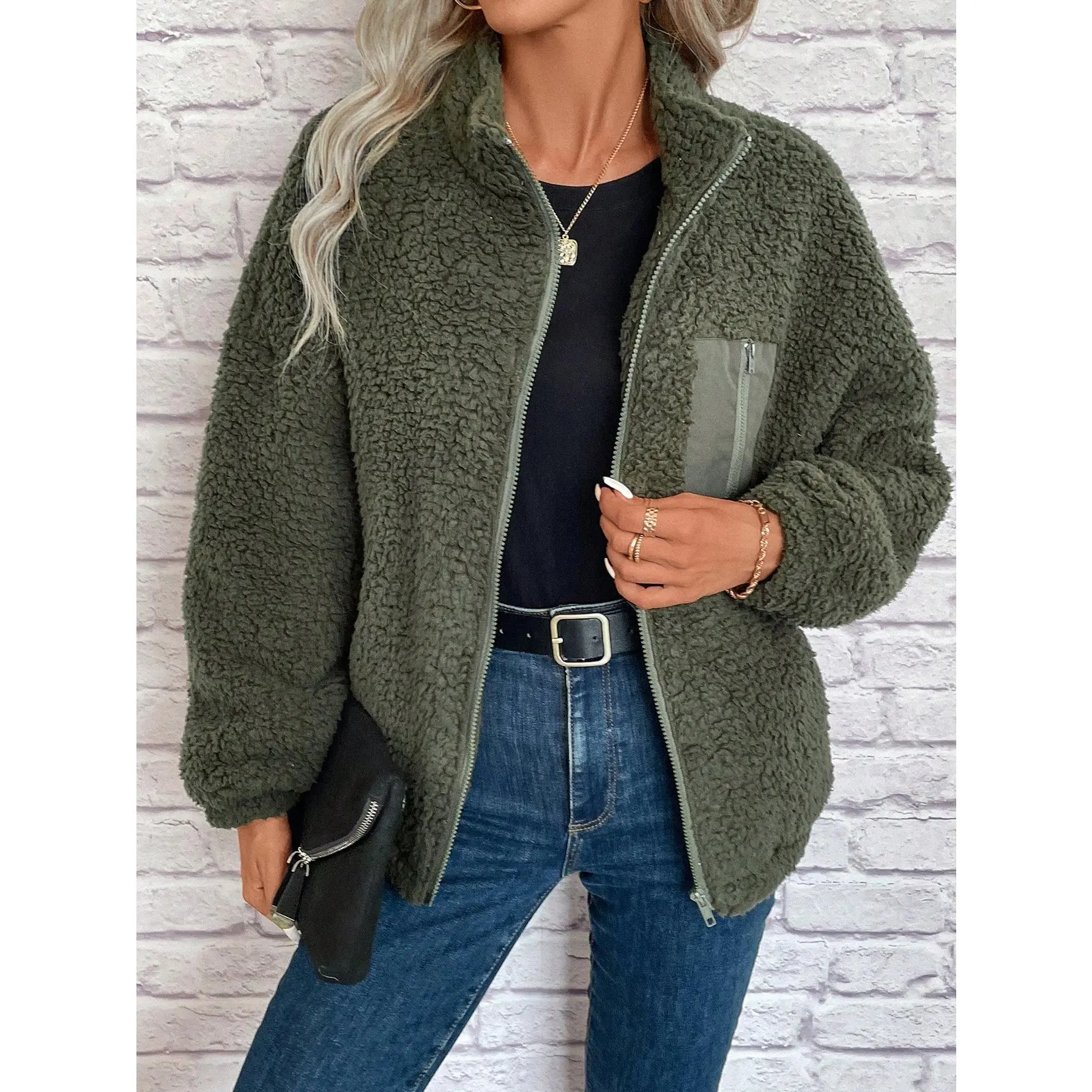 SHEIN LUNE Zip Up Drop Shoulder Teddy Jacket