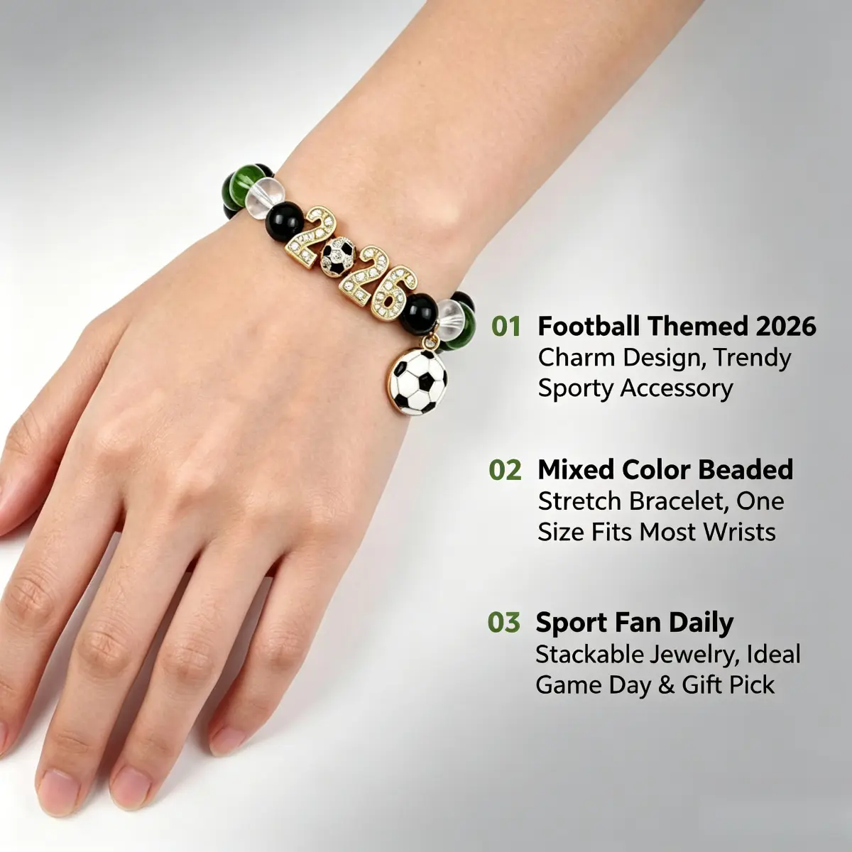 2026 Soccer Theme Beaded Bangle - Gold-Silver Finish Lightweight Mixed Material Unisex Adjustable Casual Stackable Shining Bracelet with Rhinestone Silver Star & Enamel Football Pendants, 1 Size Fits Most Wrists for Game Day, Daily Fashion Accessory
