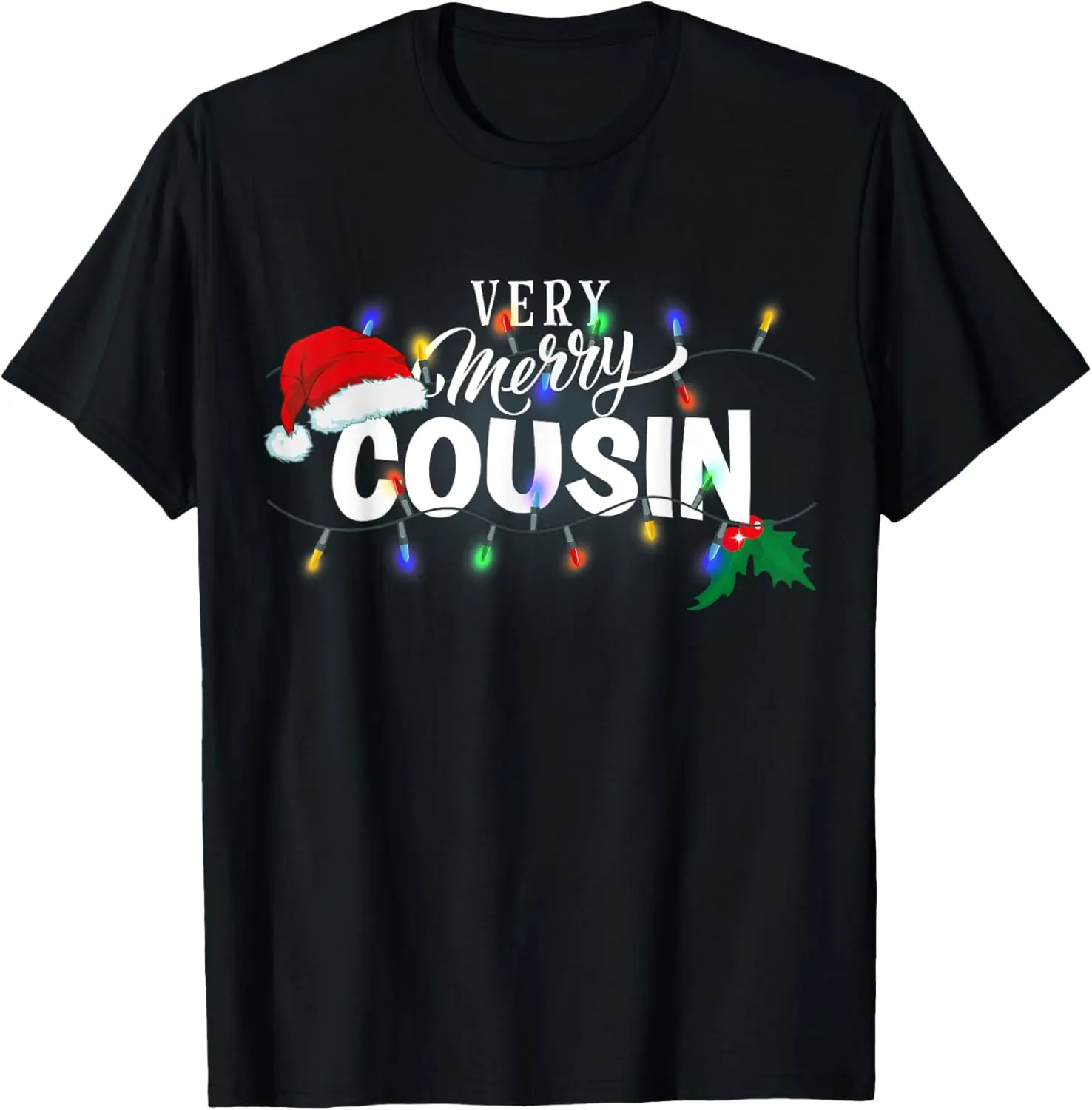 Women's "Very Merry Cousin" Christmas T-Shirt, Soft Lightweight 100% Cotton Fabric Short Sleeve Graphic Top for Matching Outfits, Shortsleeve