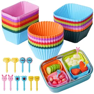 100PCS Silicone Lunch Box Dividers Kit, Reusable Silicone Cupcake Liners Muffin Cups, Fun Lunchbox Bento Box Accessories, Cute Food Picks for People(38 Baking Cups + 62 Animal Picks) Colorful Kitchen Utensils Disposable Chocolate