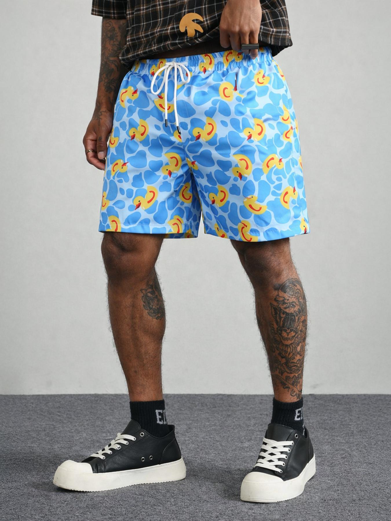 Swim Shorts for Men Funny Duck Print Drawstring Beach Trunks Cartoon Bathing Suit Novelty Board Shorts Mid Length Pool Party Vacation Beachwear Playful Resort Swimwear Casual Holiday Outfit