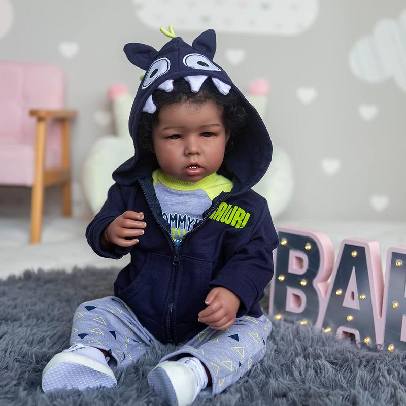 20inch Black Reborn Baby Dolls Boy Cloth body Realistic Newborn Baby Dolls Lifelike Vinyl Reborn Toddler Doll Toy Accessories Gift for Collection & Kids Age 3+