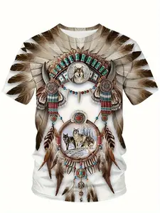Men's Native American Style 3D Digital Print Fitted T-Shirt, Vibrant Tribal Wolf Feather Design, Breathable Summer Streetwear, Casual Round Neck Short Sleeve, Clothes