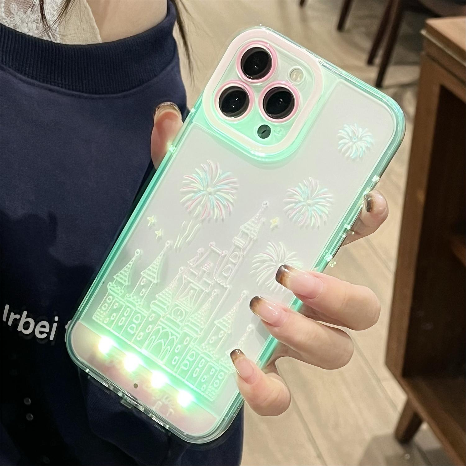 LED Fantasy Castle Fireworks Phone Case, Light up Phone Case for 13/14/15/16/17 Pro/Pro Max/Plus, Aesthetic Cute Girly Kawaii Castle Unique Design Phone Cover for Women Girls