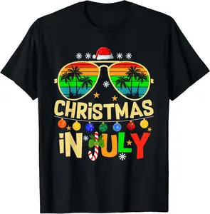 Cotton Short Sleeve Shirt, Santa Claus Sunglasses Beach Christmas in July Men Women T-Shirt Adult size Streetwear,Menswear Casual Summer Tee,Fashion Gift