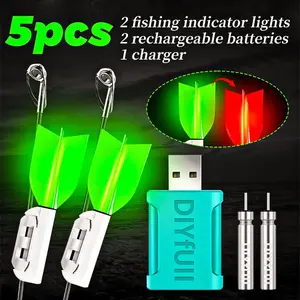 High-Quality Fishing Light Set, 5pcs Includes 2 Rod Tip Lights, 2 Rechargeable Batteries, USB Charger, Light, Dark Environment Use