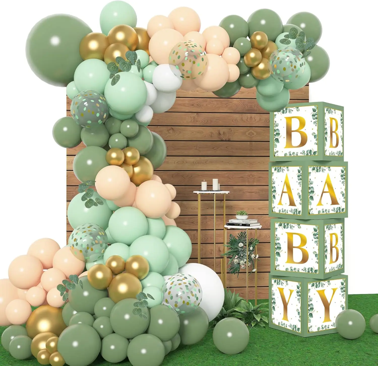 143Pcs Sage Green Baby Shower Decorations Olive Green Balloon Garland Kit 4 Baby Blocks Gold Letter for Gender Neutral Boy Girl Safari Jungle Birthday Baptism Party Supplies
