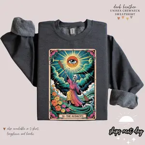 The Audacity Tarot Sweatshirt Hoodie T-Shirt | Mystical XI Card Graphic Shirt | Gildan 5000 Tee, 18000 Crewneck, 18500 Hoodie | Gift for Spiritual Seekers, Bold Dreamers & Cosmic Streetwear Fans