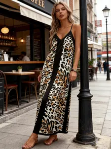 European and American Style Leopard Print Halter Long Dress, Summer New Loose Fit Conceal Fat Vacation Dress, Trendy Fashion Apparel