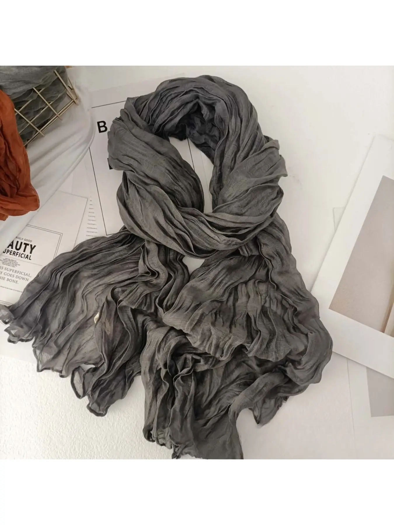 Solid Color Linen Cotton Scarf Retro Autumn Winter New Arrival Wrinkled Green Retro Thin Long Shawl for Men and Women Warm Silk Scarf