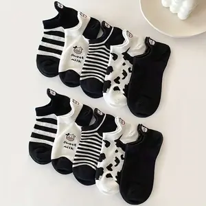 10 pairs of cartoon cow print socks, cute and lightweight low-cut ankle socks, women's stockings and socks