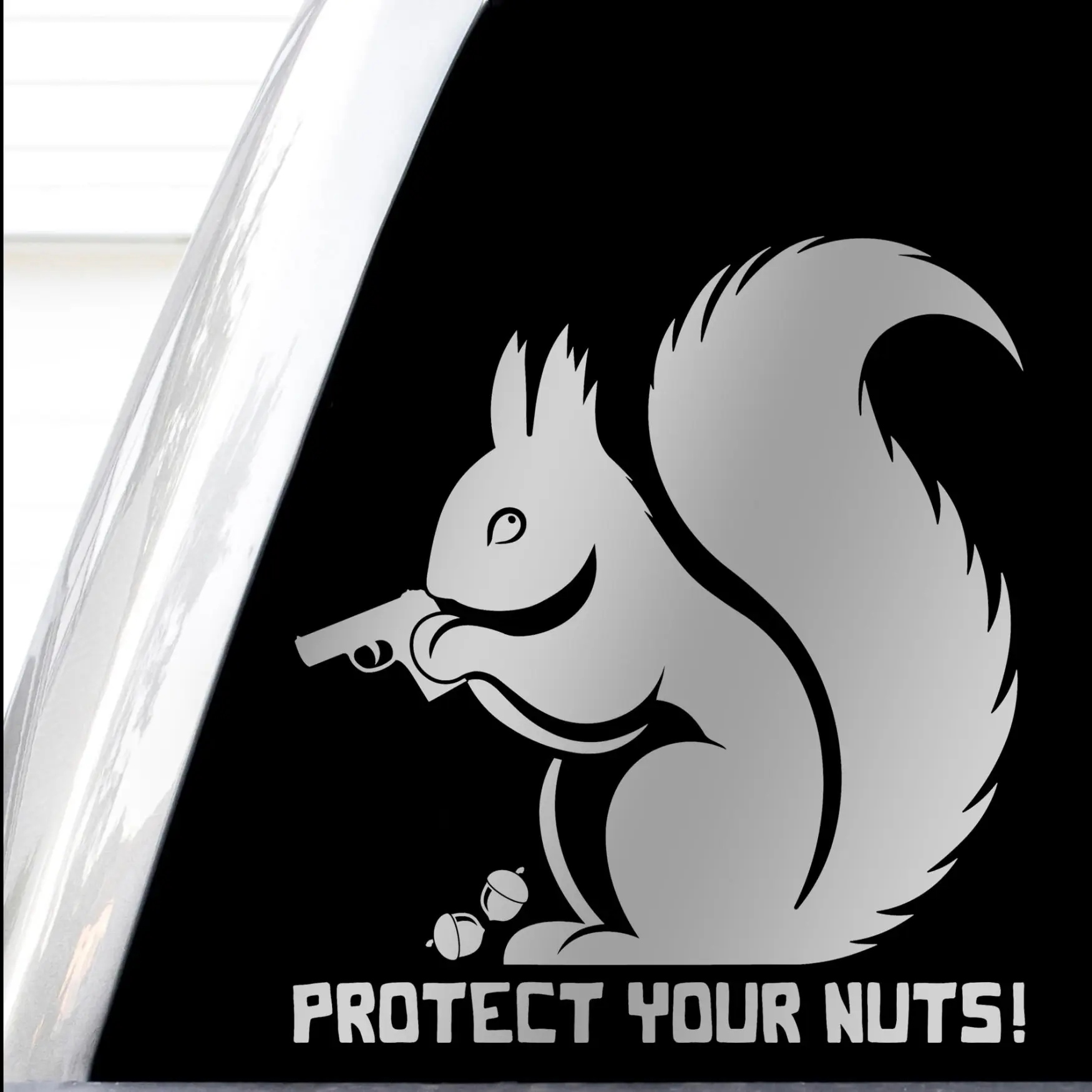 Protect Your Nuts Decal, Funny Squirrel Stickers, Squirrel with A Gun Decal, I Brake for Squirrels Bumper Sticker, Squirrel Whisperer (Silver, H 5 by L 5 Inches)