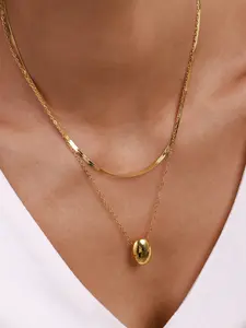 Ladies Necklace Set Smooth Chubby Oval Pendant Cross Shaped Chain Blade Chain Double Layer Stainless Steel 18k Gold Plated Waterproof And Anti Allergy Jewelry Fashionable And High Quality For All Seasons