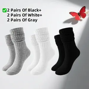 6 Pairs Men Women's Slouch Crew Socks Retro Solid  calf Socks Chunky Ribbed Cozy Scrunch Socks（2 black+2 white+2 gray）