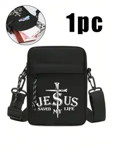Crossbody Bag with Jesus Cross Letter Design, Simple Men's Bag for Casual Use, Adjustable Strap Oxford Fabric, Lightweight and Waterproof, Ideal for Gym Beach Hiking Travel, Zipper Crossbody Bag Sling Bags