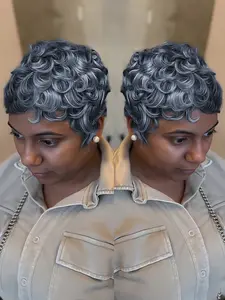 Gray Color Pixie Cut Curly Wave Wig Human Hair Wig for Women Pixie Wigs Full Machine Made Wig 150% Density
