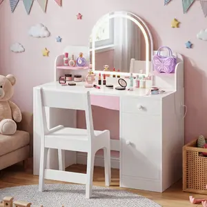 DAYAGO Kids Vanity Set Chair with Lighted Mirror, Open Book Shelves & Drawer & Cabinet, Makeup Vanity with Chair, Built-in Outlets Modern Makeup Table for Bedroom