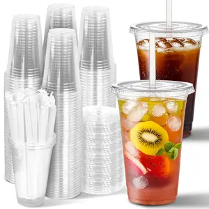 [50 Sets] Clear Plastic Cups 32oz-10oz with Lids & Straws, Eco-Friendly, Sturdy Plastic, Leak-Proof Design, CA Prop 65 Compliant, Party Use