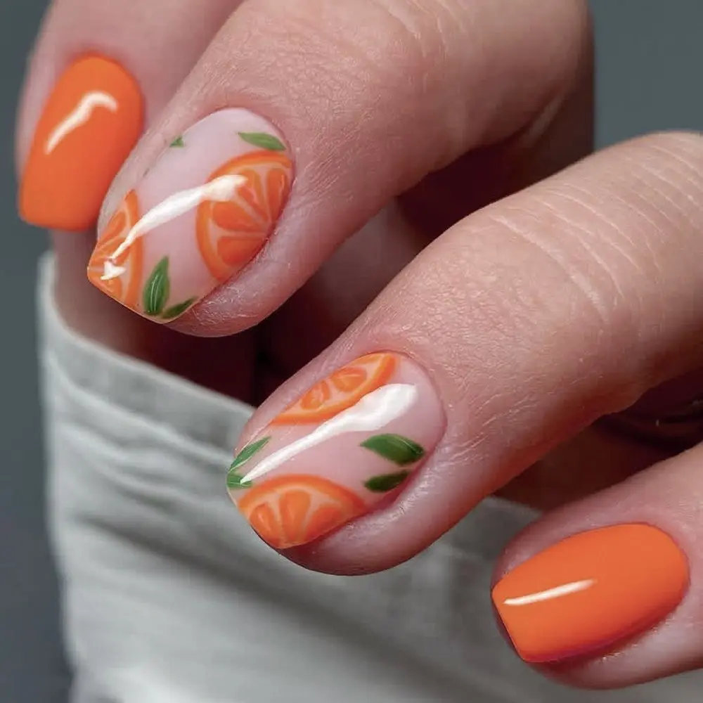 24pcs Wearable Nails Short Square Slice Fake Nails Decorative Nails Summer Fruit DIY Nail Art Fresh Citrus Nail Set Aesthetic Glossy Finish