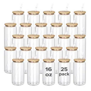 FASTSUB 25 16 oz Sublimation Clear Glass Can Tumbler Wholesale, Sublimation Blank Cups with Straw and Bamboo Lid