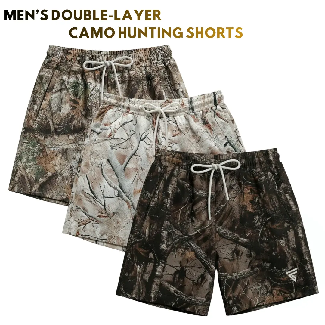 Men’s Hunting Camo Double-Layer Gym Shorts - Breathable Male Clothing with Zip Side Pockets, Back Pocket, Streetwear Backstreetball Style, Gifts for Him, Men's Shorts, Athletic, Camo Shorts, Polyester Blend