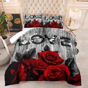 Rose Quilt Set with Heart Letter Pattern, Includes 1 Quilt and 1 or 2 Pillowcases, Perfect for Teens & Adults, Modern Bedroom Decor，Comforter Set,Bedding Supplies for Home Bedroom Hotel, Soft for All Seasons