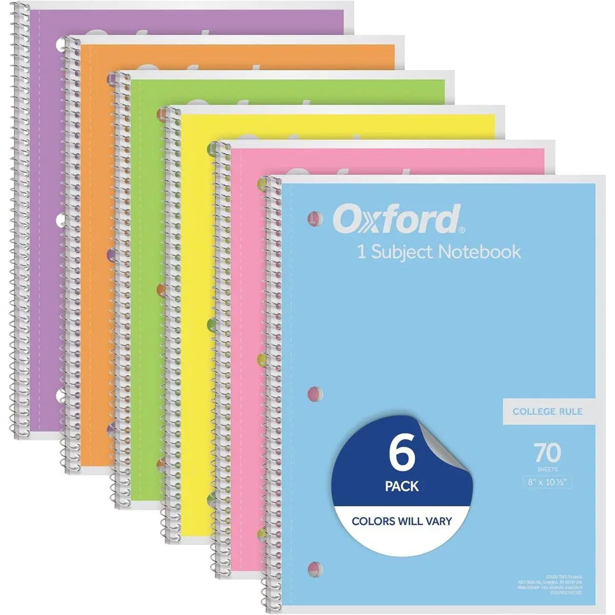 Spiral Notebook, 1 Subject, College Ruled Paper, 8 x 10-1/2 Inch, Pastel Pink, Orange, Yellow, Green, Blue and Purple, 70 Sheets (63756), Set of 6