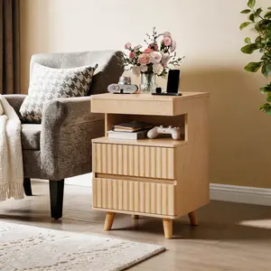 [Bellemave] Modern Nightstand with Charging Station| 2 Drawers & Open Shelf| Secure Hidden Compartment| Side Table for Bedroom
