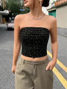Women's Rhinestone Tube Top Y2K Strapless Ruched Crop Top Sparkly Glitter Slim Fit Bandeau Shirt Going Out Clubwear Party Night Concert Festival Rave Outfit Summer Trendy Streetwear Baddie Aesthetic Sleeveless Backless Off Shoulder Top Womenswear Short