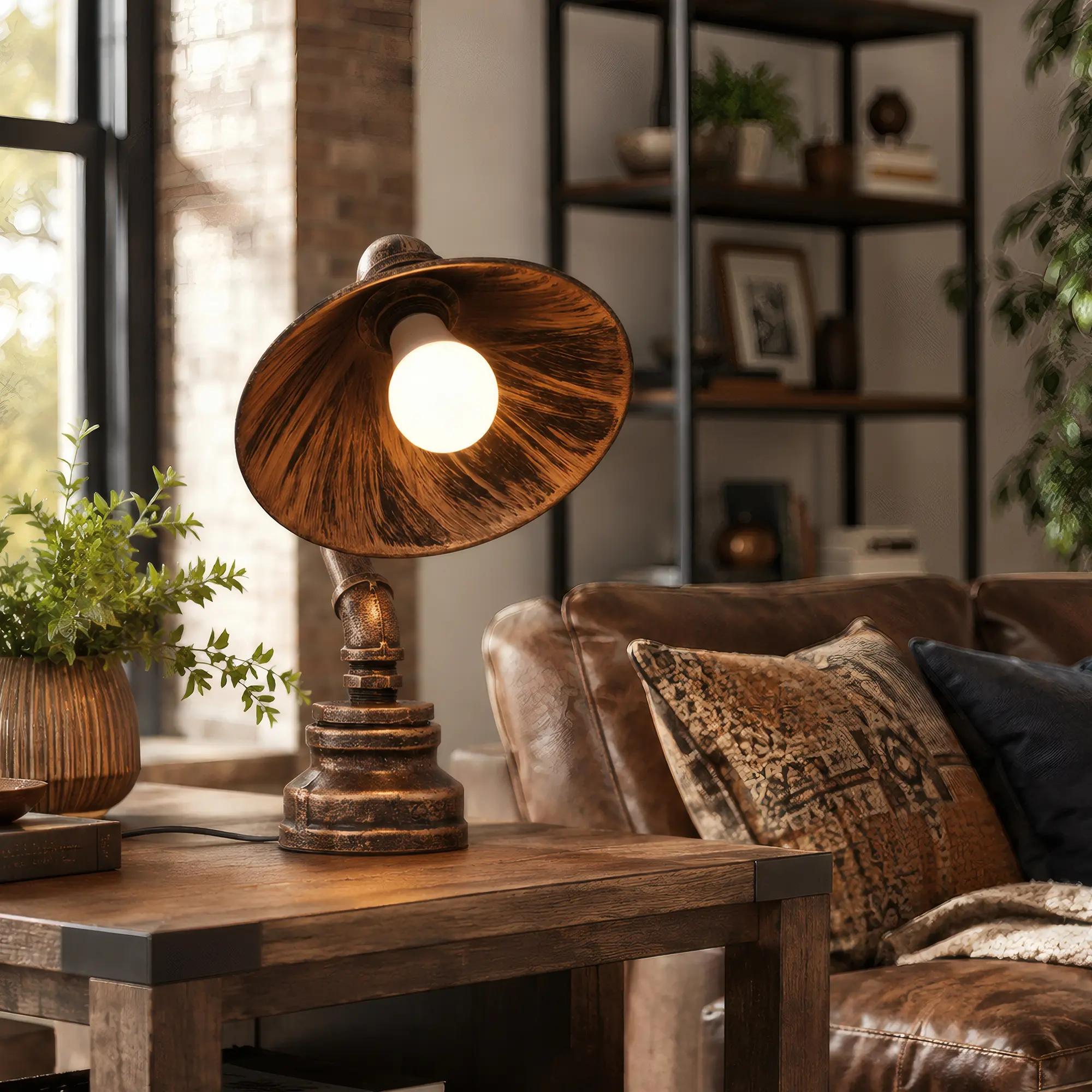 Industrial Pipe Table Lamp - Vintage Steampunk Desk Lamp with Metal Shade, Rustic E26 Edison Accent Light for Bedroom, Office Man Cave