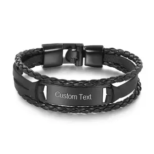 GJ-1301 Customized Can Carve Writing Fashion Trendy Woven Men's Leather Bracelet Creative Gift Men