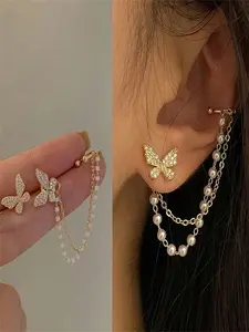 Elegant Asymmetrical Pearl Chain Butterfly Earrings & Ear Clips, Perfect for Christmas & Valentine's Day Gifts, Stylish Jewelry Accessory, Earrings For Sale