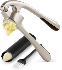 Garlic Press Set – Stainless Steel Garlic Mincer with Ergonomic Handle, Easy to Use & Clean with Peeler and Brush