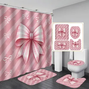 1/3/4PCS large pink bow with small bows in background Shower Curtain Set with Rugs, Non Slip Bath Mat, U-Shape Carpet, Toilet Lid Cover, Polyester Fabric Bathtub Curtain Accessories, 12 Hooks, Home Bathroom Decor, Bathroom Decoration Accessories