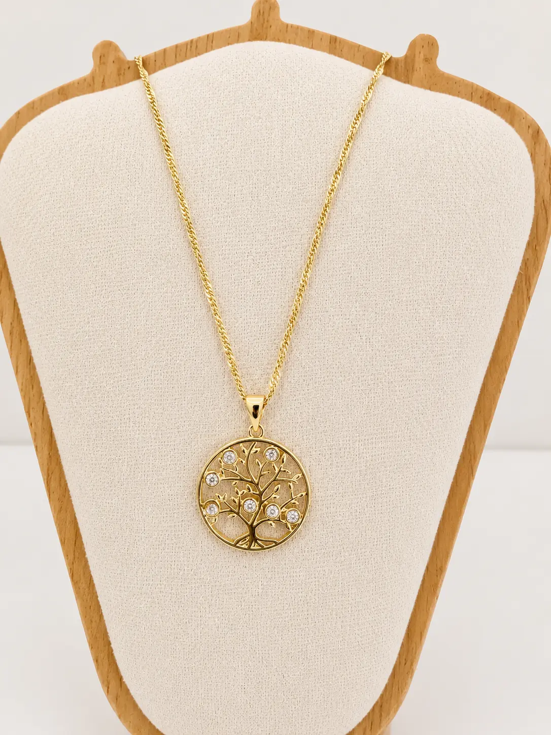 Tree of Life Necklace - 14 Karat Gold CZ Round Pendant, 16 in Chain Included, Waterproof Daily Costume Jewelry