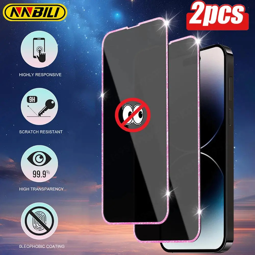 NNBILI 2pcs Diamond Edge Tempered Glass Anti-Spy Screen Protector Pink Glitter Frame For IPhone 17 16 15 14 13 Pro Max Protector