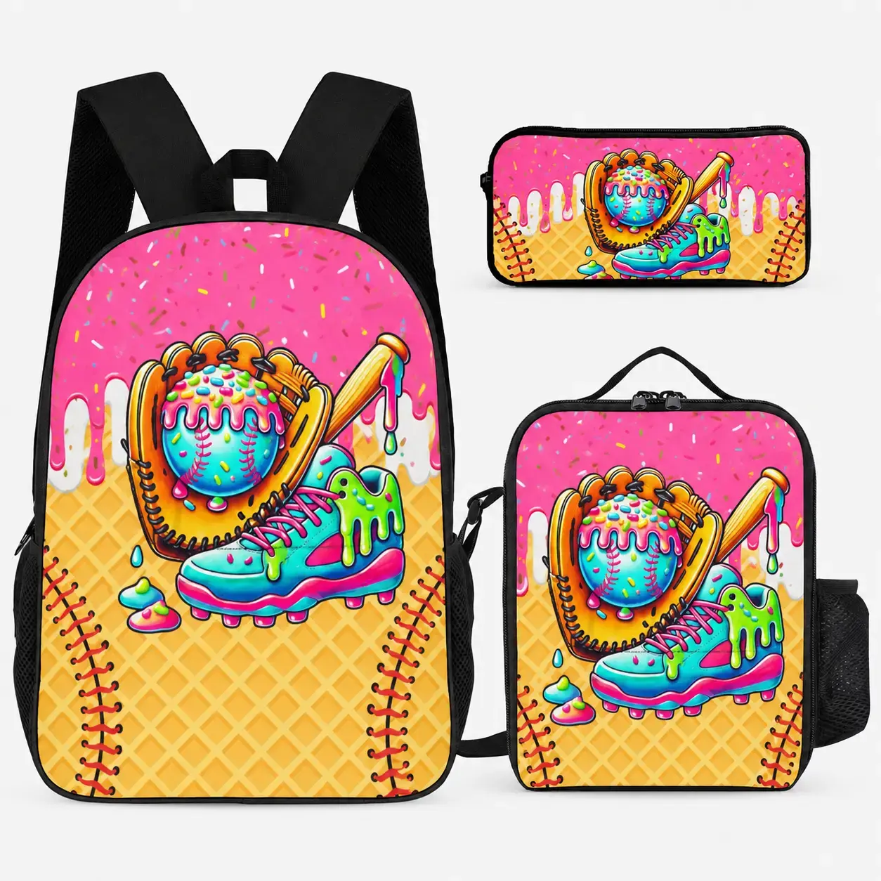 Baseball-Themed 3-Piece Backpack Set (Youth School Bag) – Includes Backpack with Ice Cream Drip Pattern, Lunch Bag, and Pencil Case; Back-to-School Gift; Backpack Set for Baseball Fans