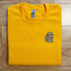 Mummy Giving the Middle Finger Embroidered Crewneck Sweatshirt, Halloween Sweatshirt, Unisex Cotton Womenswear