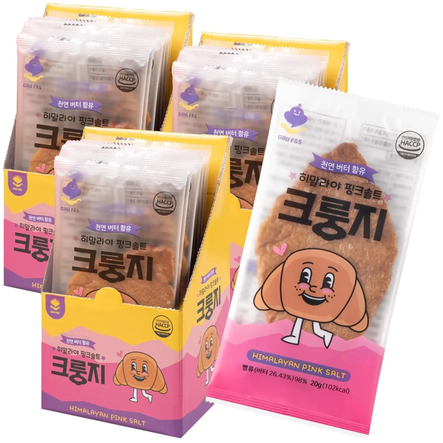 Korean Food Flat Croissant Snack Himalayan Pink Salt, Crispy Butter Flavor, Individually Wrapped, 30 Pieces