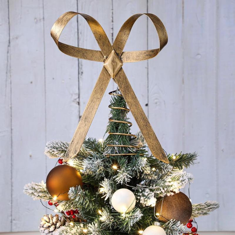 9.8inch Large Brass Bow Christmas Tree Topper Vintage Metal Christmas Tree Topper Gold Bow Rustic Neutral Xmas Decoration for Xmas Indoor Outdoor Decor