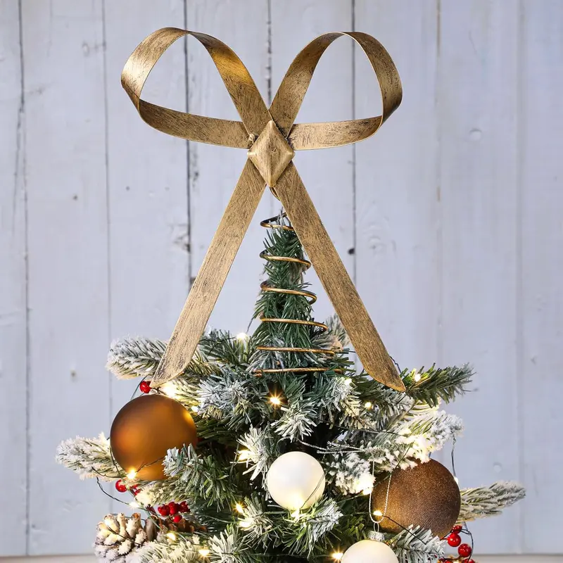 9.8inch Large Brass Bow Christmas Tree Topper Vintage Metal Christmas Tree Topper Gold Bow Rustic Neutral Xmas Decoration for Xmas Indoor Outdoor Decor