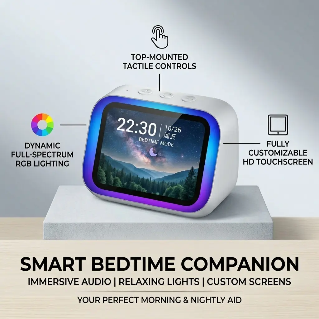 Black Smart Alarm Clock with Built-in Bluetooth Speaker, Voice Assistant & Weather Forecast, Large Screen Digital Clock, Stylish Bedroom Desktop Speaker Clock