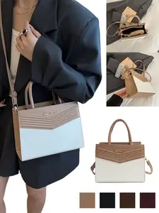 Elegant Patchwork Structured Tote Bag, Vintage Style PU Leather Handbag, Adjustable Strap, Lightweight & Large Capacity, 4 Classic Colors