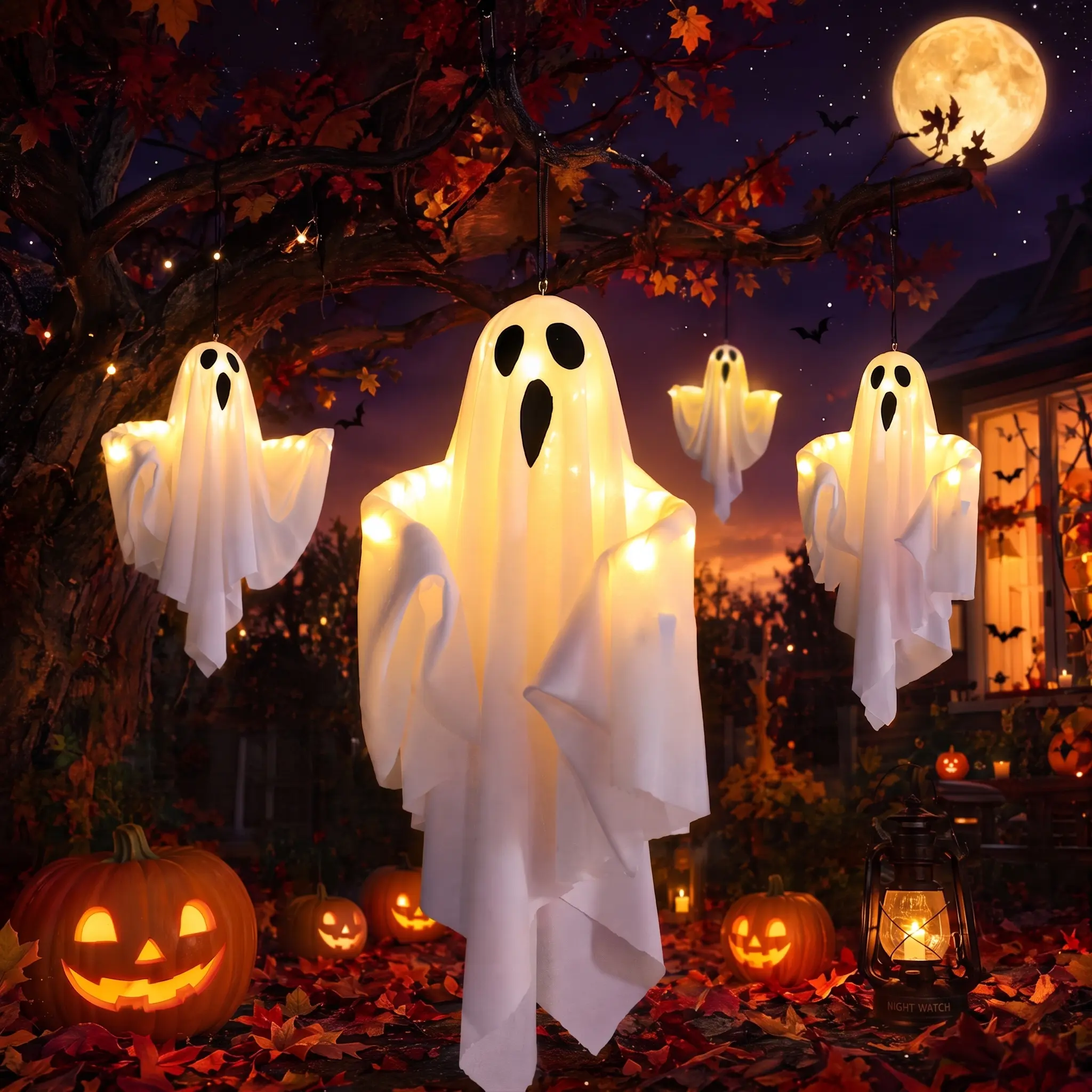 Halloween Hanging Ghost Light Decoration, Outdoor Indoor Night Glow Decor for Yard Porch Tree, Holiday Party Supplies Lighted, Halloween Porch Festive Decoration Porch Garden Decoration Led Light Up Outdoor Decorative Lights, Led Garden Decor