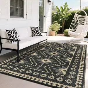 9x18 Brown Black Waterproof Outdoor Plastic Straw Mat Reversible Patio Carpet, Stain Resistant Portable RV Camping Rug, Geometric Outside Floor Cover for Porch Deck Garden Poolside Yard Picnic