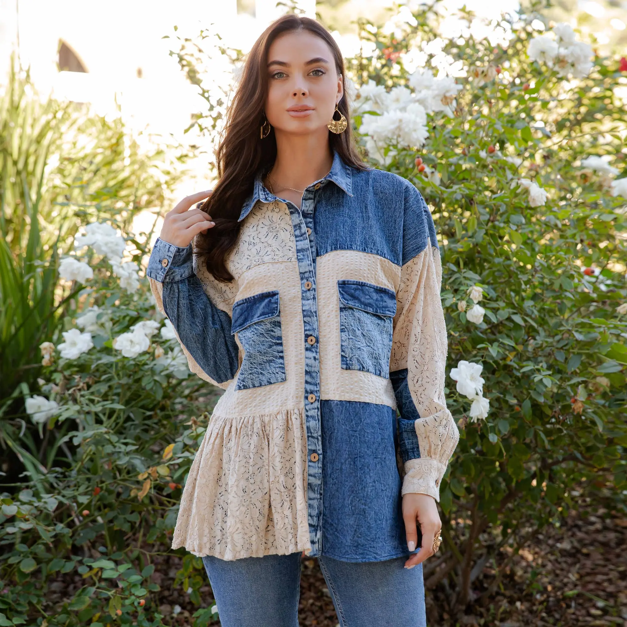 Boho Spliced Denim and Lace Spring Summer Shirt Jacket