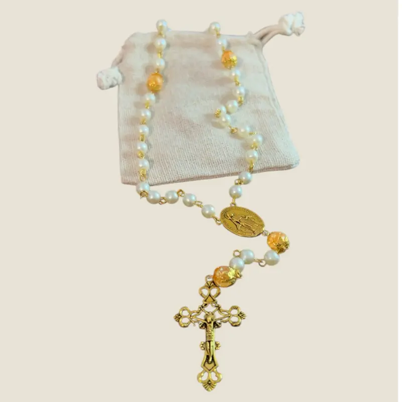White/Orange Rosary with Gold Accents and Pearl Beads in Linen Pouch for Devotional Use